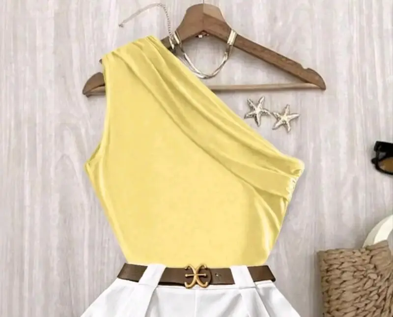 Top amarillo de un solo hombro para mujer - 1