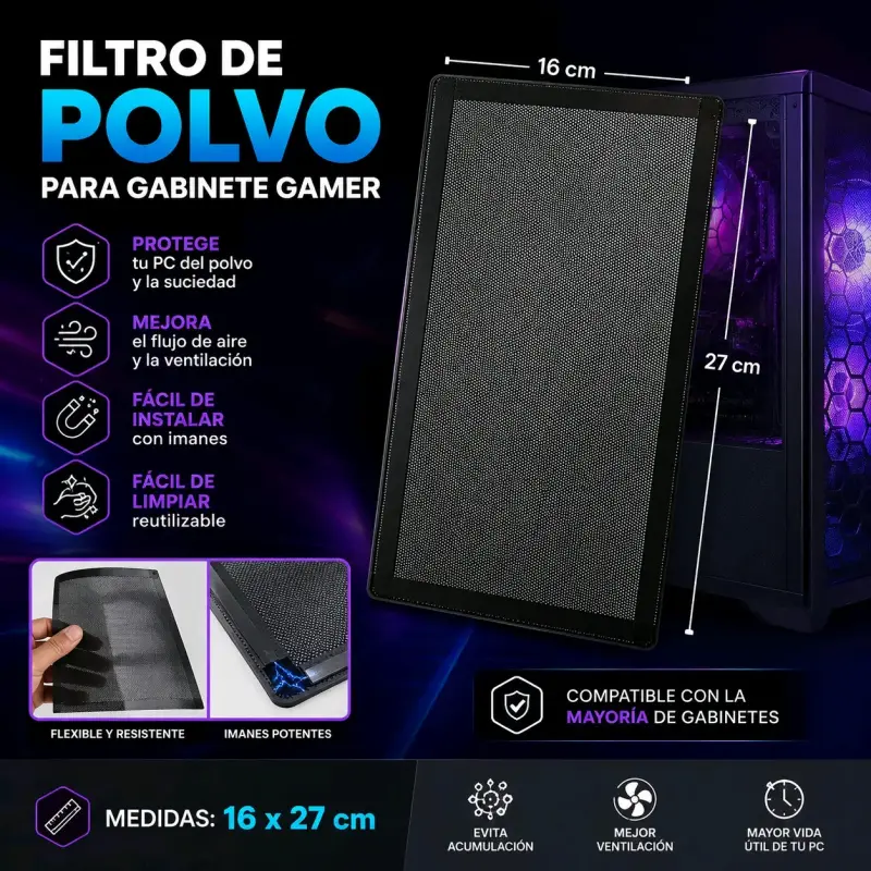 Filtro de polvo para gabinete gamer 16x27 cm - 1