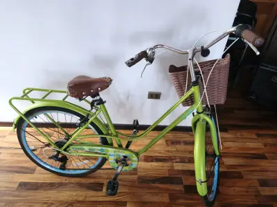 Bicicleta urbana verde con canasto y asiento de cuero - miniatura 1