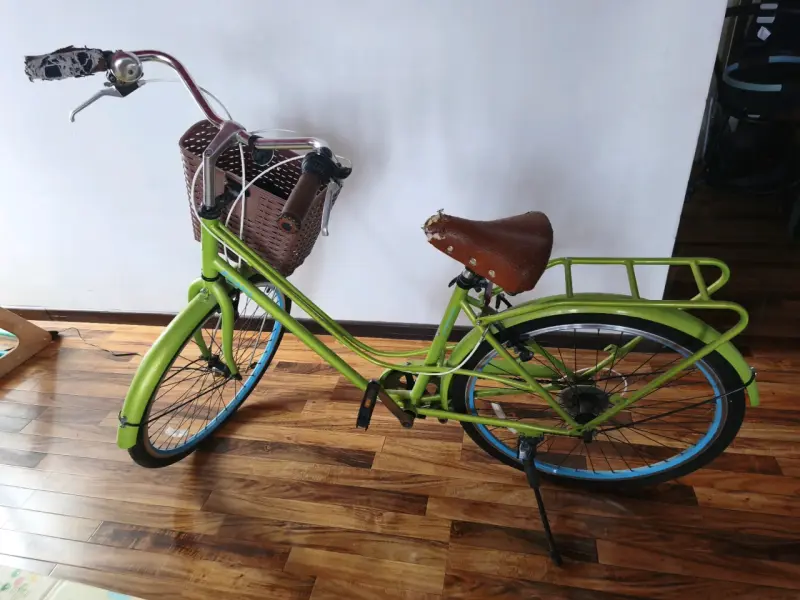 Bicicleta urbana verde con canasto y asiento de cuero - 5