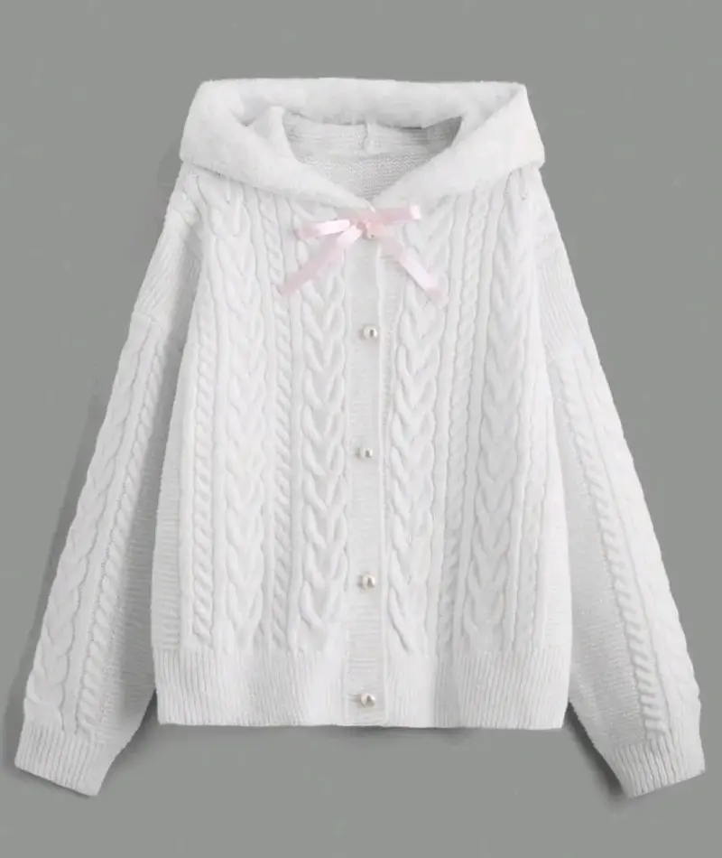 Chaleco blanco de lana con lazo rosa - 2