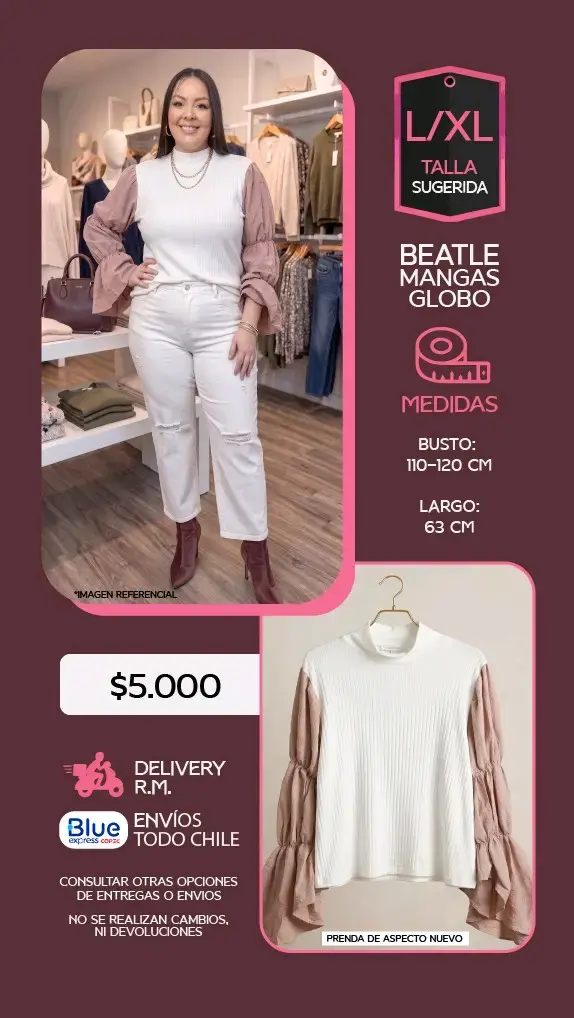 Polera xl blanca con mangas globo rosadas - 2