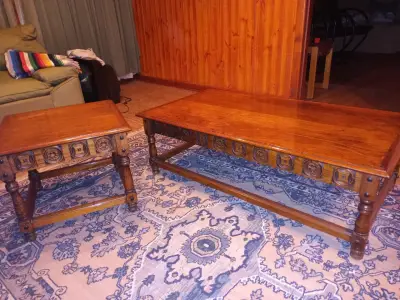 Juego de mesas de madera tallada estilo rústico - miniatura 2