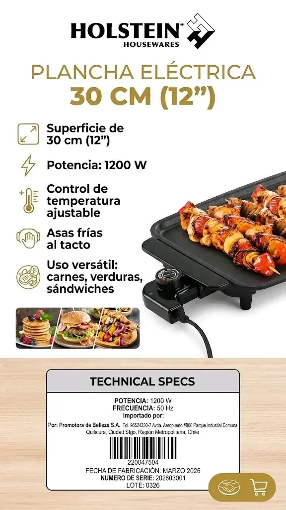 Plancha Eléctrica Holstein 30 cm con Control de Temperatura - 2