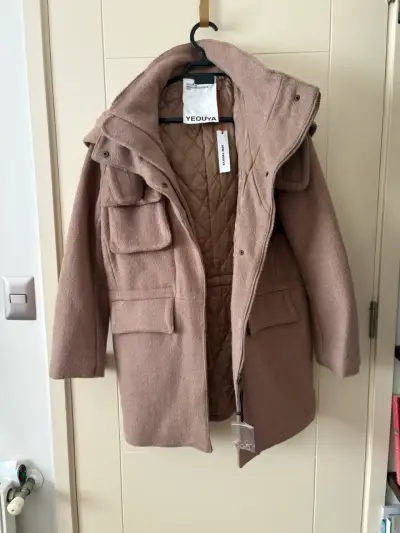Abrigo de lana con capucha color beige Yeouya - miniatura 1