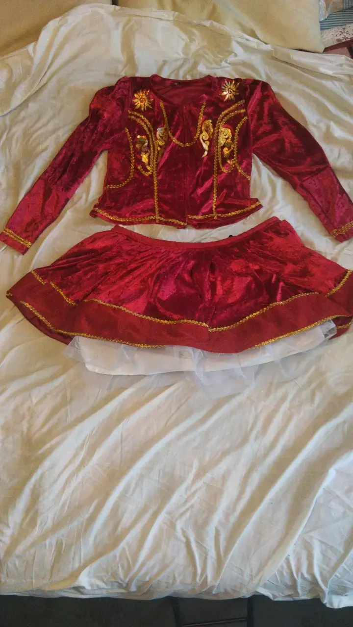 Traje de danza folclórica rojo con bordados dorado
