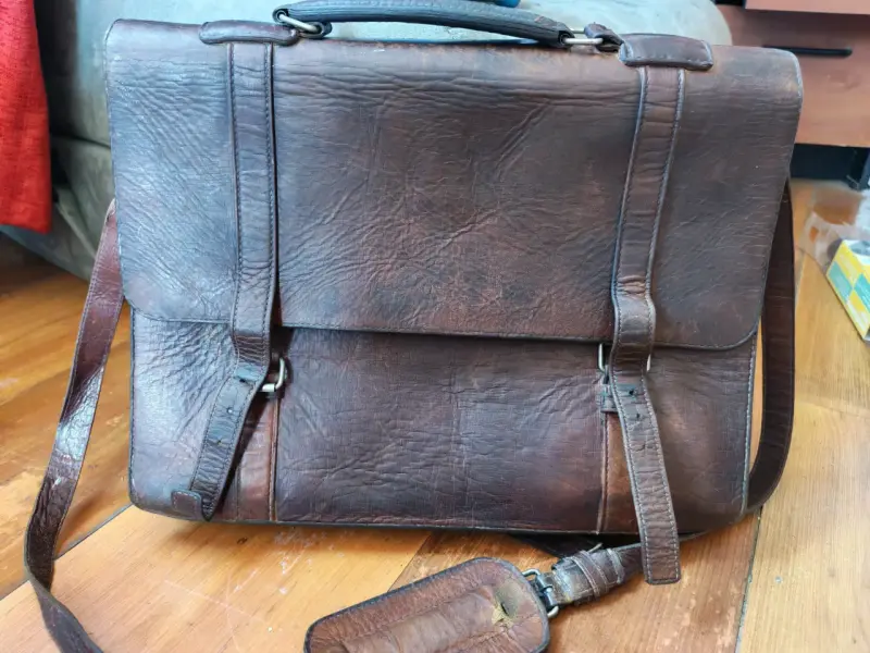 Maletín de cuero vintage marrón correa ajustabl - 1