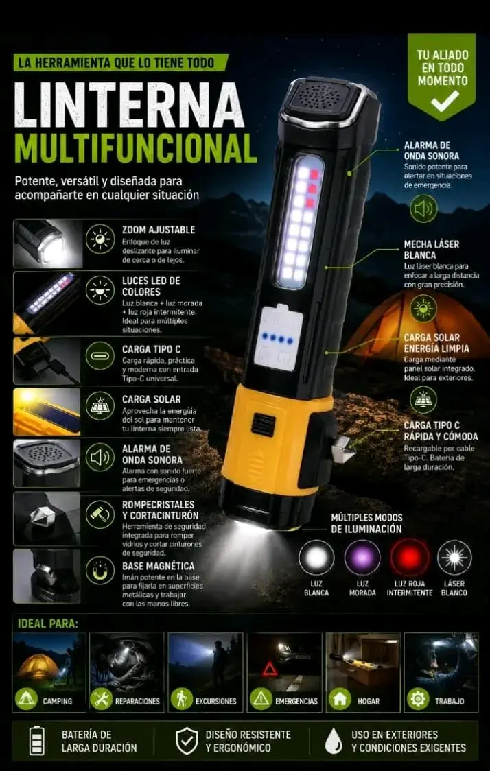 Linterna multifuncional con carga solar y USB