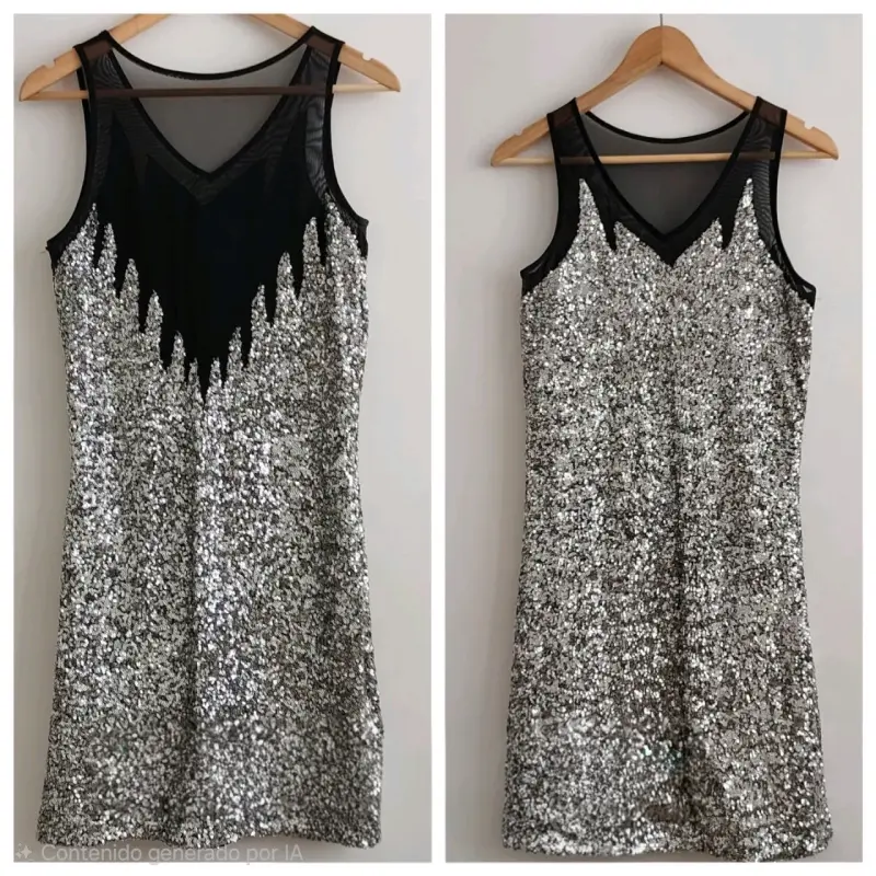 Vestido de lentejuelas plateado con malla negra - 1