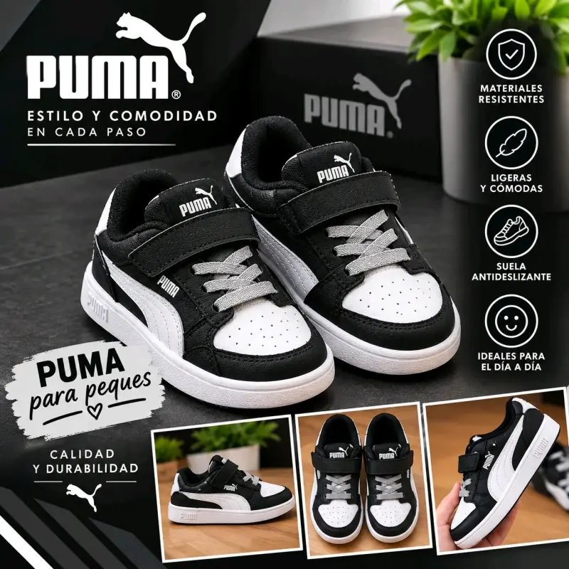 Zapatillas para niños Puma negras y blancas