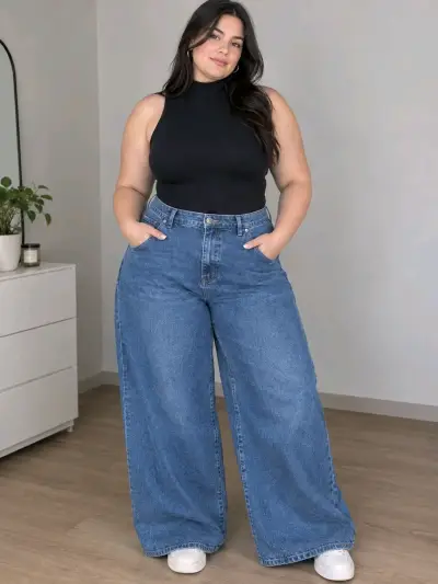 Jeans Wide Leg de mezclilla azul para mujer - miniatura 1