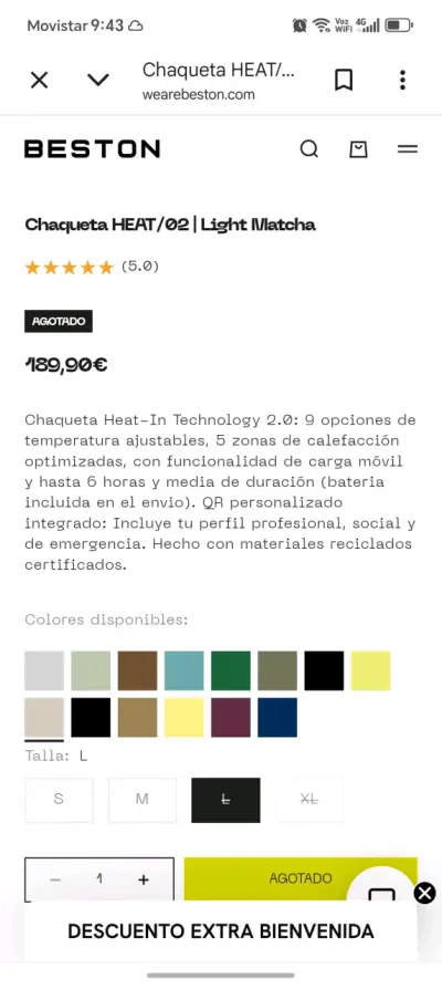 Chaqueta calefactable Beston HEAT/02 Light Matcha - miniatura 1