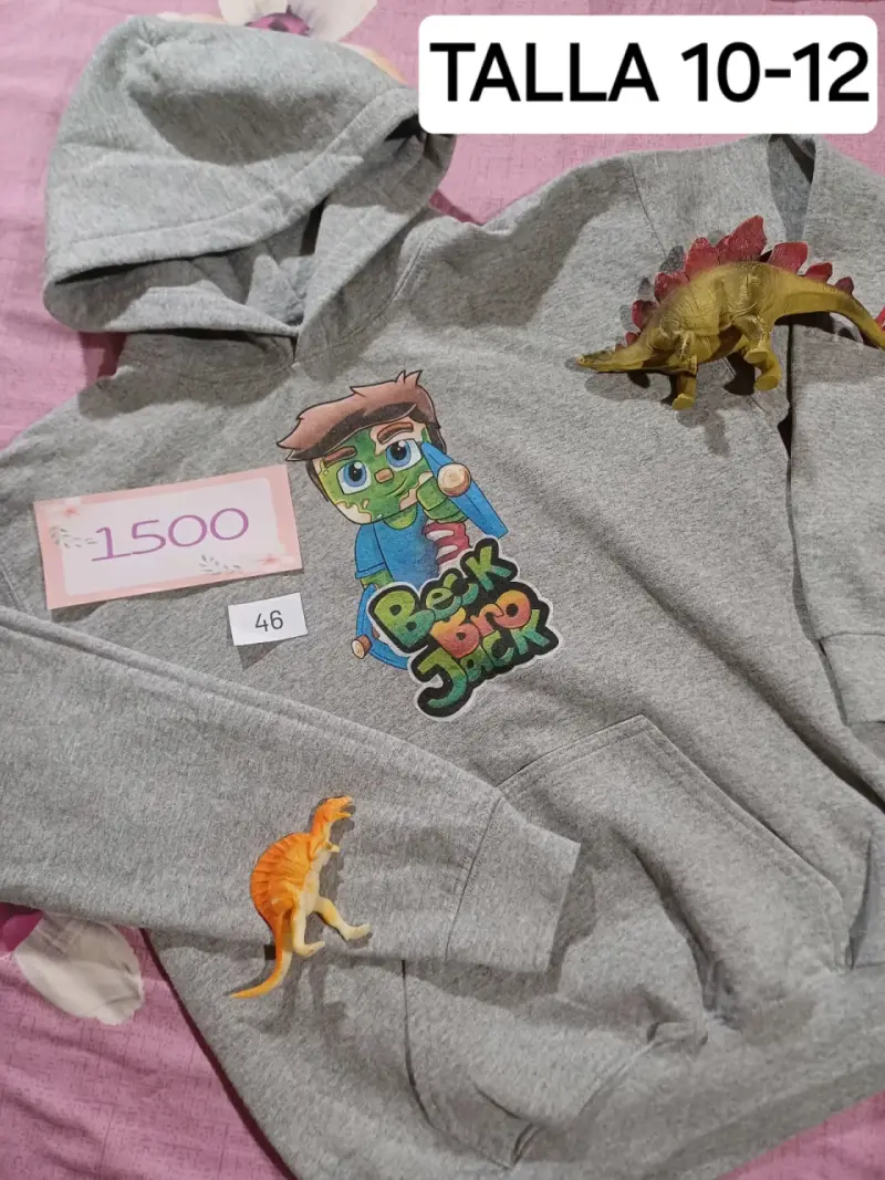 Polerón gris con capucha y diseño infantil talla 10-12