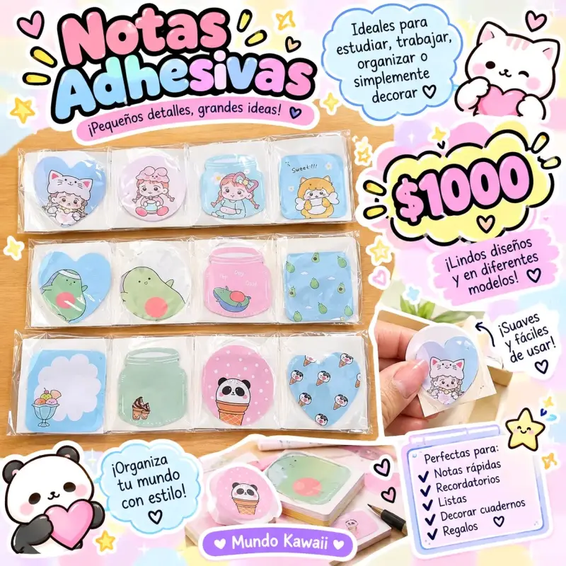 Notas adhesivas kawaii con diseños variados
