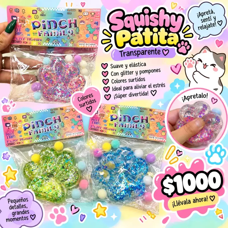 Squishy Patita Transparente con Glitter y Pompones