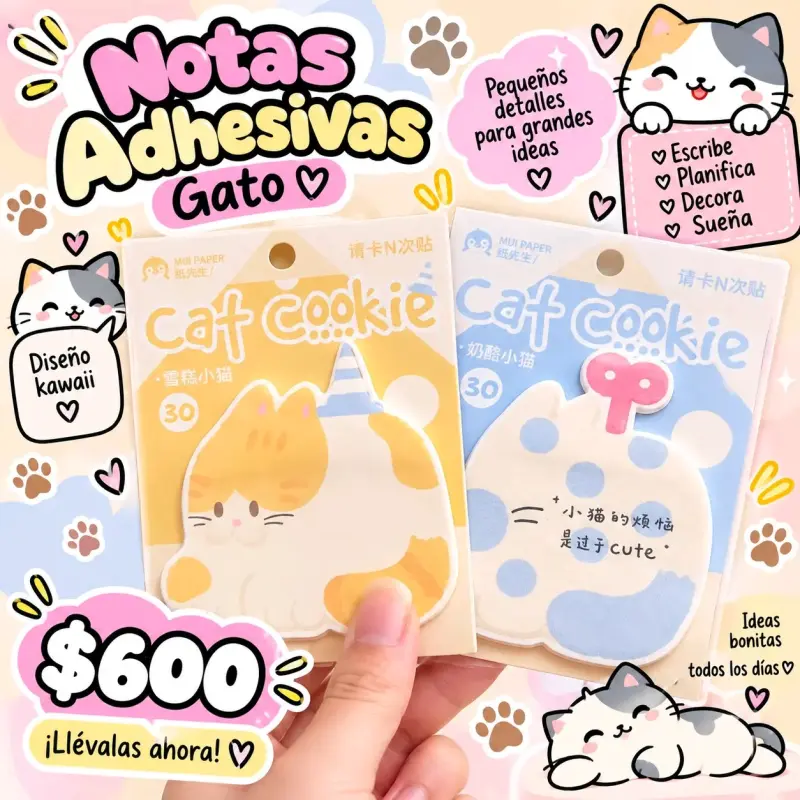 Notas adhesivas de gato diseño kawaii