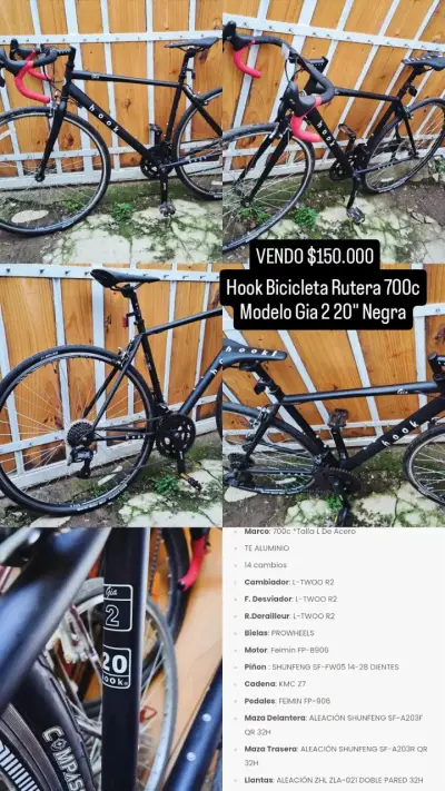 Bicicleta de Ruta Hook Negra Gia2 700c - miniatura 5