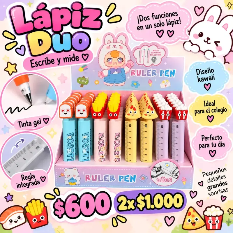 Lápiz Duo con Regla Integrada y Diseño Kawaii