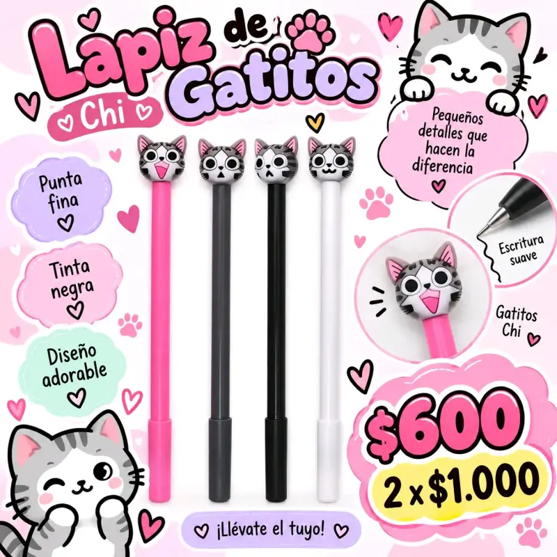 Lápiz de gatitos con tinta negra y diseño adorable