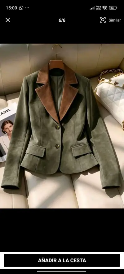 Blazer de mujer verde con solapa marrón - miniatura 1