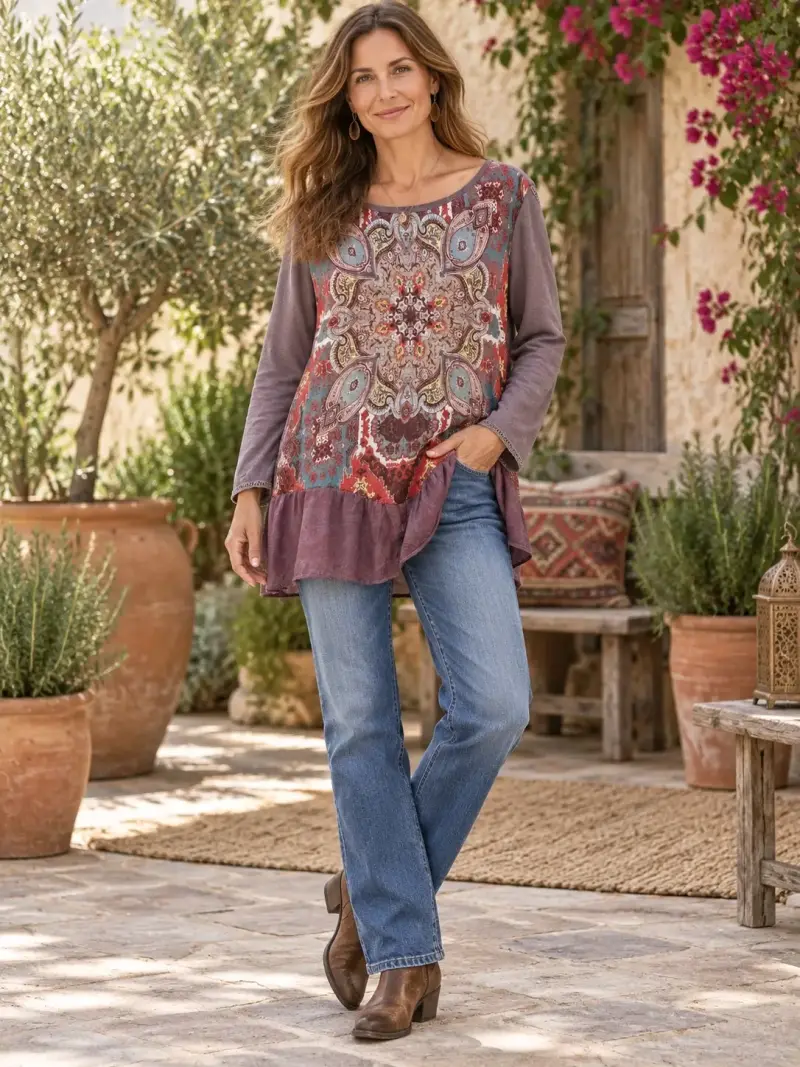 Blusa bohemia estampada de manga larga - 2