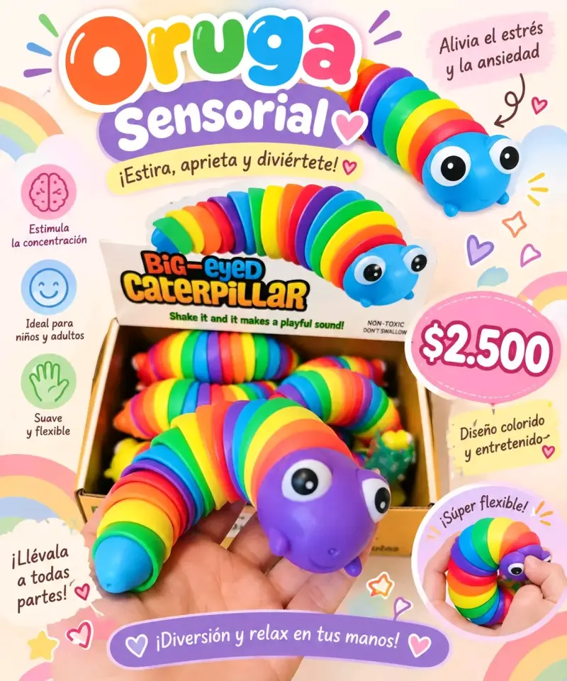 Oruga sensorial arcoíris para aliviar el estrés