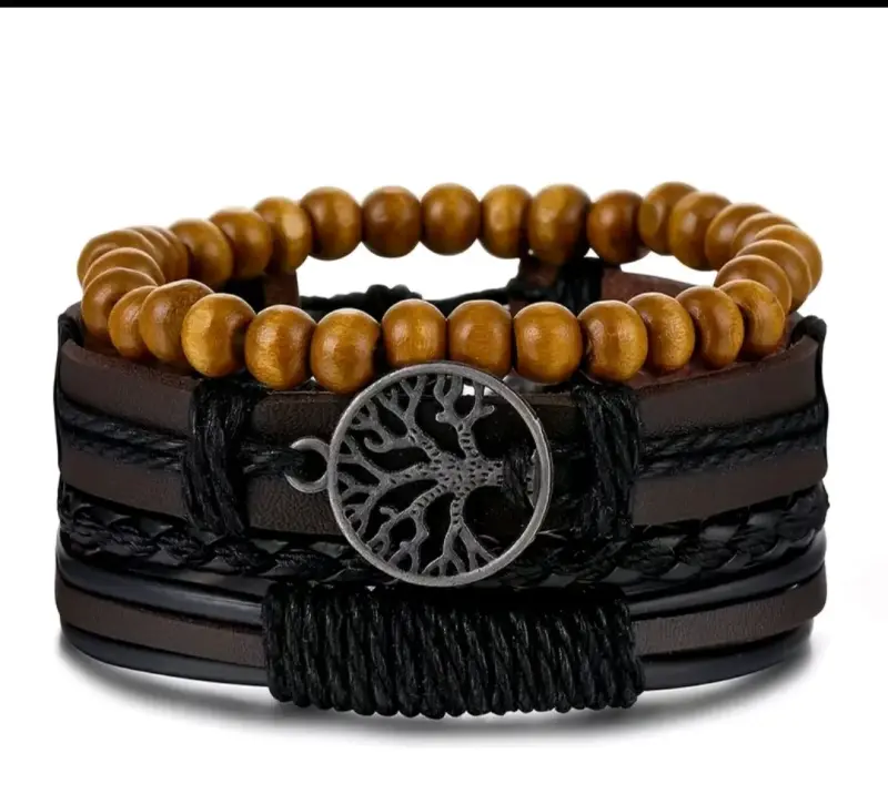 Set de Pulseras de Cuero y Madera para Hombre - 1