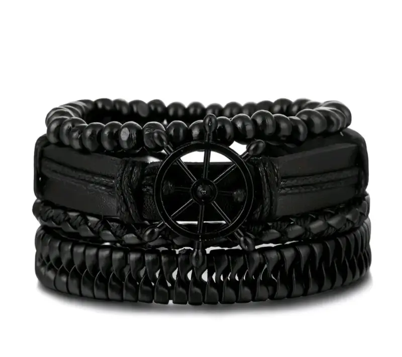 Set de Pulseras de Cuero y Madera para Hombre - 2