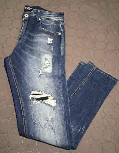Jeans desgastados azul oscuro para hombre - miniatura 1