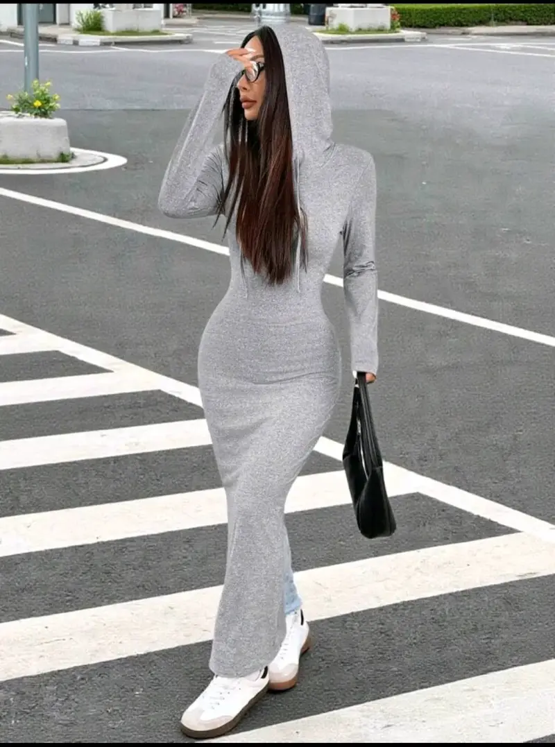 Vestido largo gris con capucha para mujer - 3