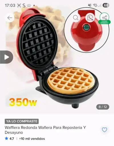 Wafflera eléctrica roja 350W para desayuno - miniatura 1