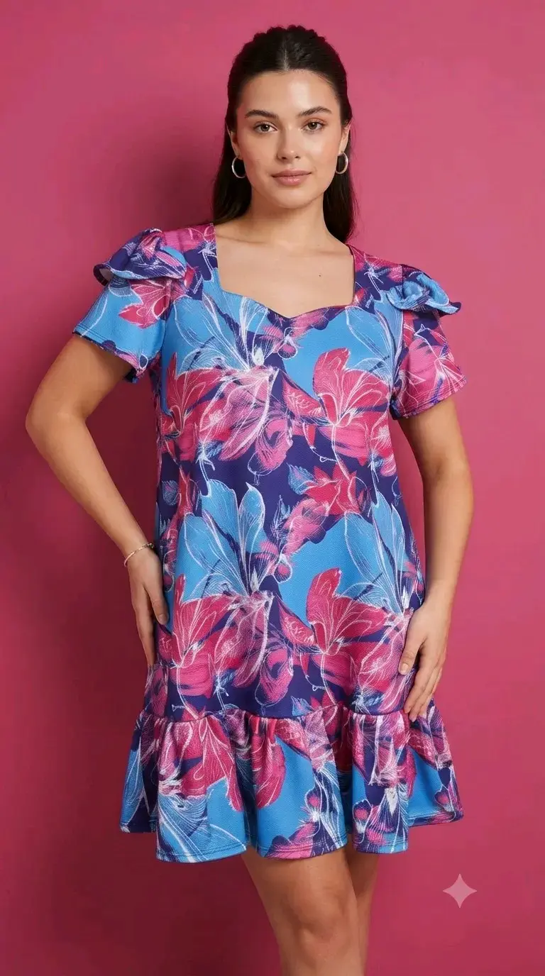 Vestido corto floral azul y rosa - 1