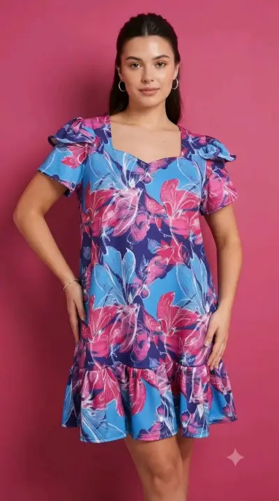 Vestido corto floral azul y rosa - miniatura 1