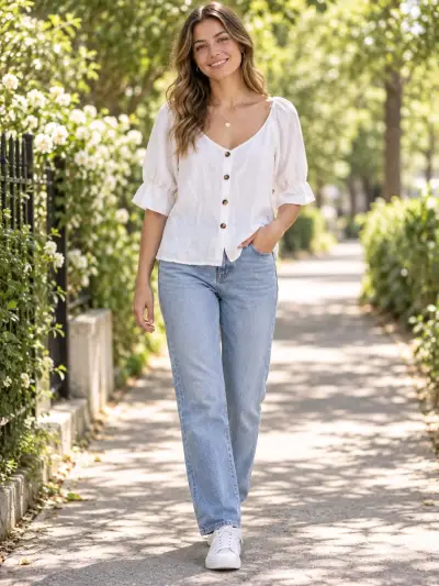 Blusa blanca de lino con botones - miniatura 1