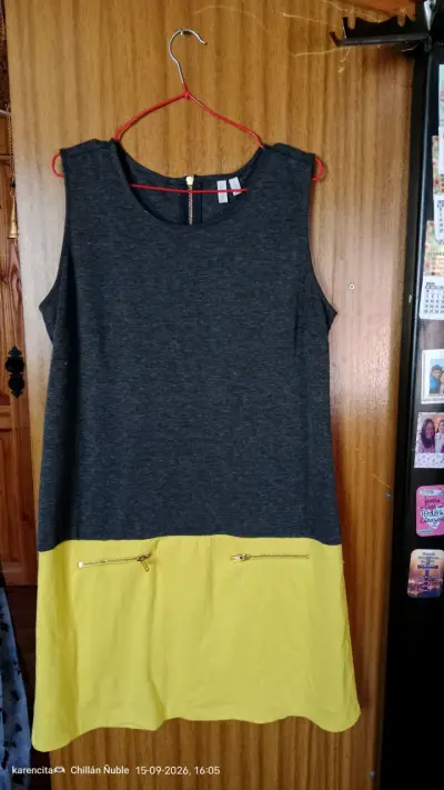 Vestido bicolor gris y amarillo con cierre - miniatura 2