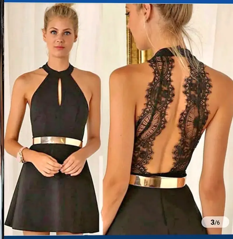 Vestido negro con encaje y cinturón dorado
