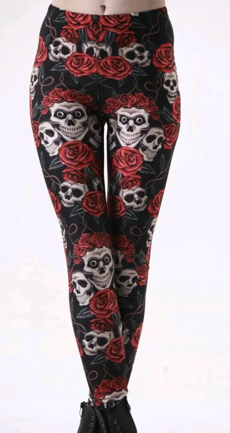 Leggings de calaveras y rosas rojas - 1