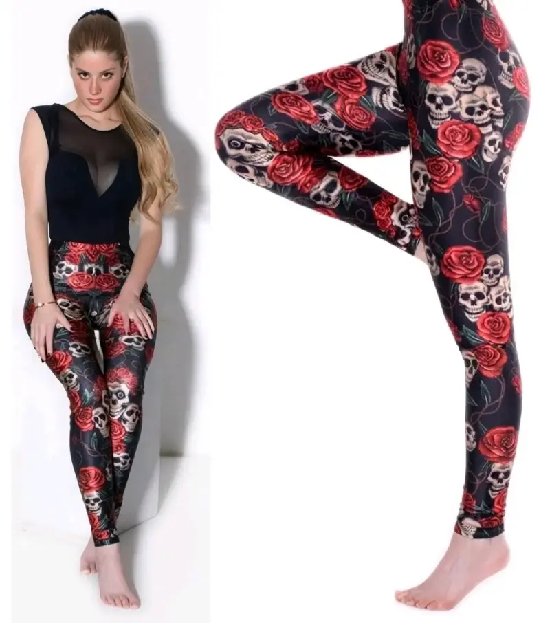 Leggings de calaveras y rosas rojas - 2