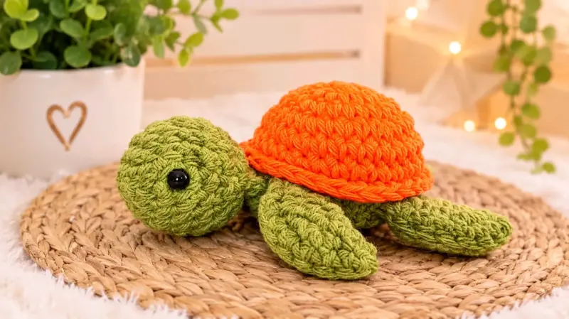 Tortuga de crochet verde y naranja para decoración - 1