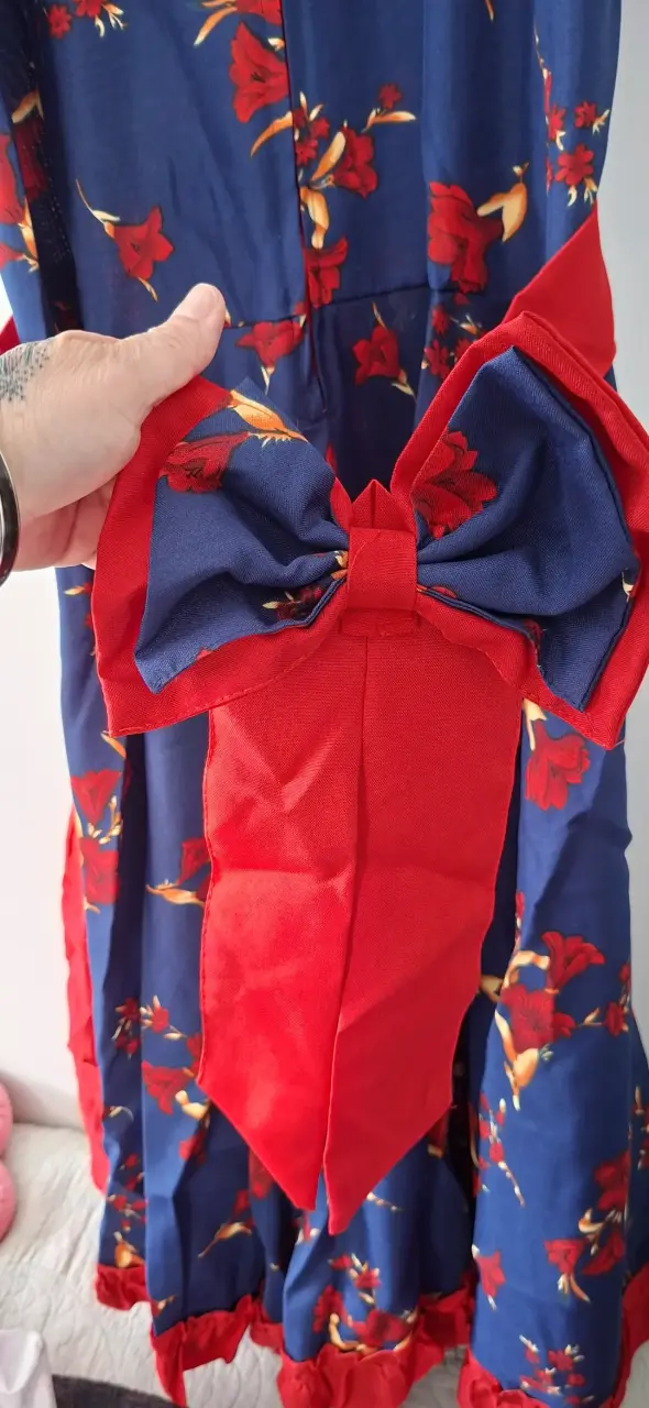 Vestido floral azul con lazo rojo para mujer - 2