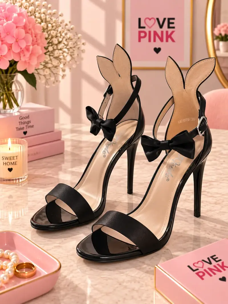 Tacones negros con orejas de conejo y lazo