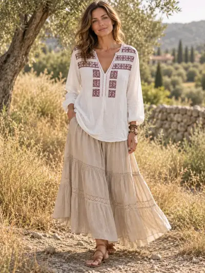 Blusa bordada blanca con diseño étnico - miniatura 1