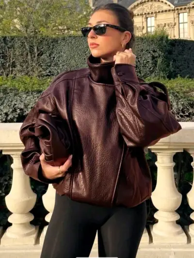 Chaqueta de cuero marrón estilo biker - miniatura 2