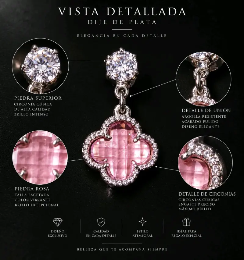 Dije de plata con circonia cúbica y piedra rosa - 1
