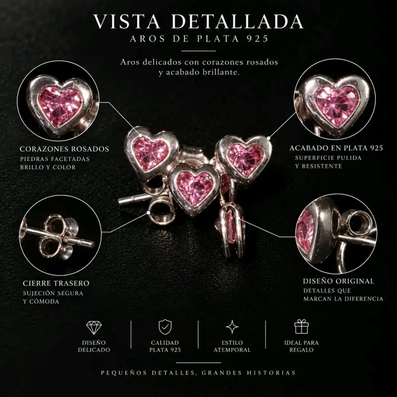 Aros de plata 925 con corazones rosados