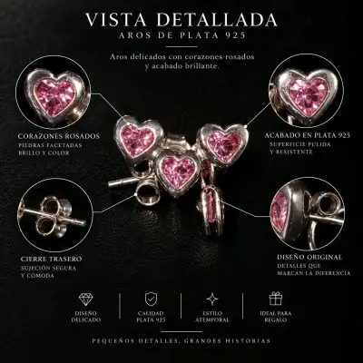 Aros de plata 925 con corazones rosados - miniatura 1