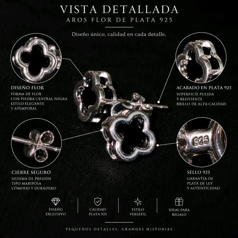 Aros de plata 925 diseño flor con piedra negra