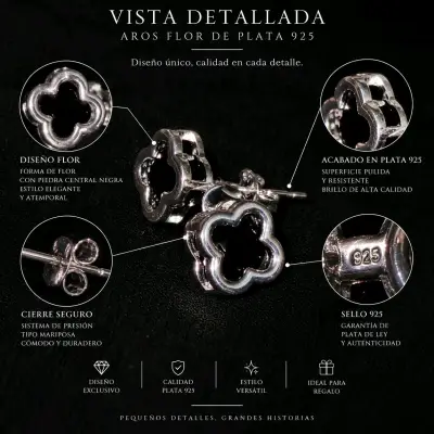 Aros de plata 925 diseño flor con piedra negra - miniatura 1