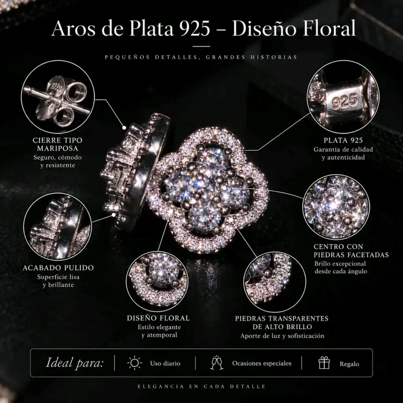Aros de plata 925 con diseño floral y piedras