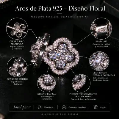 Aros de plata 925 con diseño floral y piedras - miniatura 1